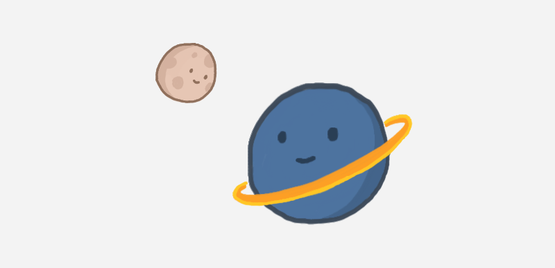 Illustration: Ein Planet lächelt seinem Mond zu.